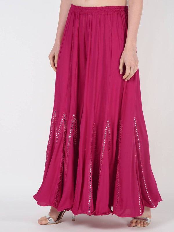 Women's Dark Pink Viscose Rayon Faalsa Raani Flared Palazzo With Mirror Lace Work - Cheera