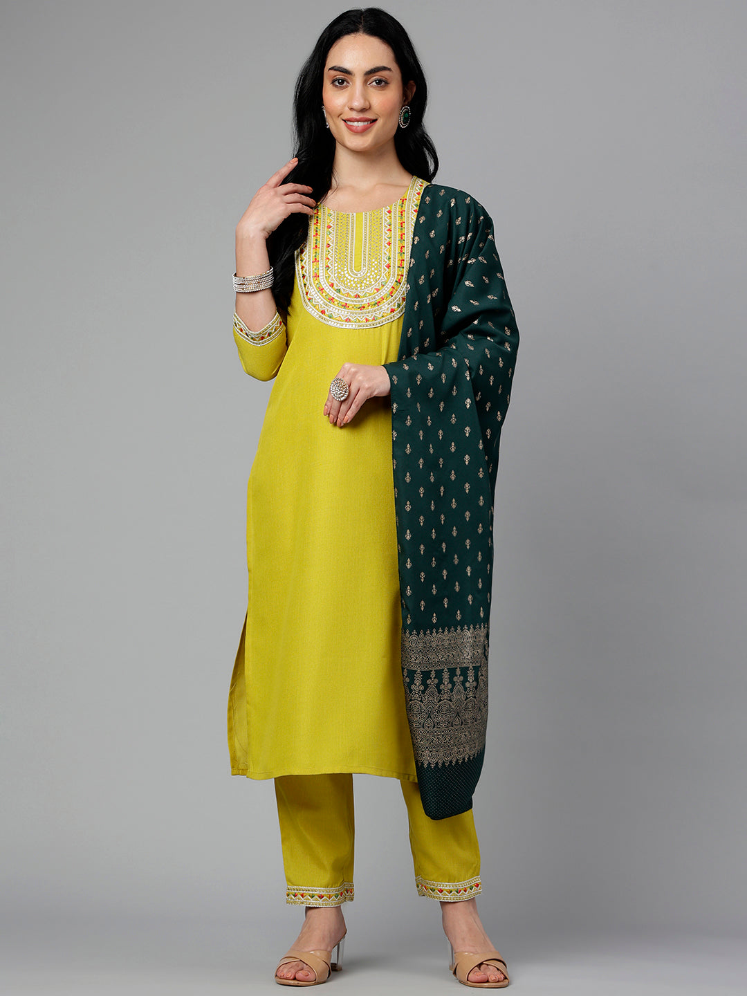 Women's Yellow Viscose Blend Embroidery Kurta, Pant And Dupatta Set - Alvami