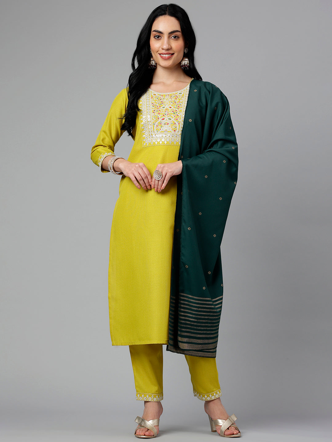 Women's Yellow Viscose Blend Embroidery Kurta, Pant And Dupatta Set - Alvami