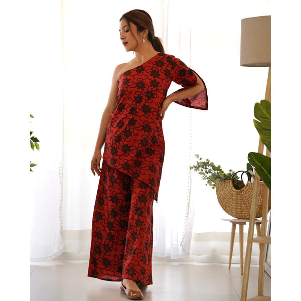 Women's Red One Shoulder Kurta Palazzo Set - Rangpur