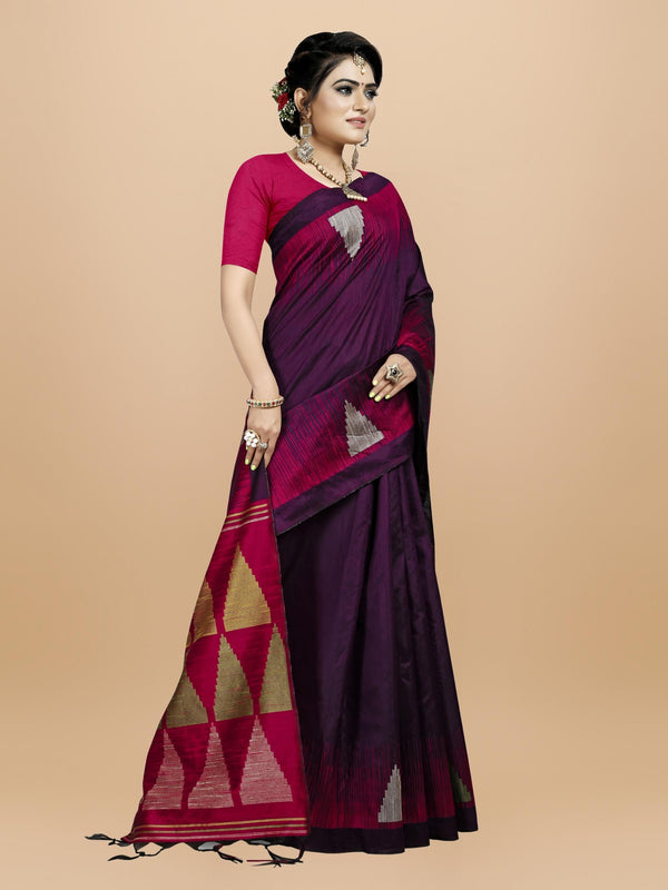 Women's Wine Woven Handloom Raw Silk Saree With Tassels - Vishnu Weaves