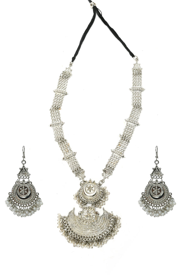 Indiakreations Silver-Plated Rani Haar Necklace with Earrings Jkms_088