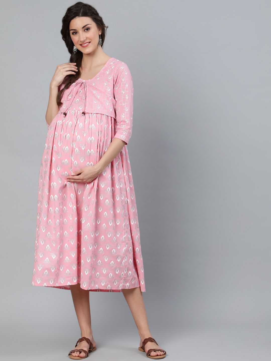 Women's Pink & White Khari Printed Maternity Dress With Jacket - AKS