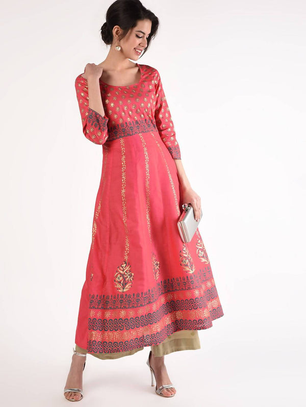 Women's Peach Cotton Gold Print Anarkali Kurta Only - Cheera