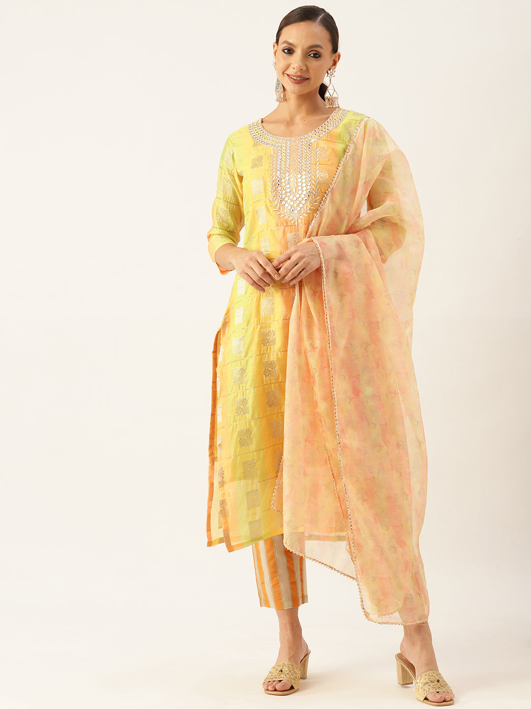 Women's Mustard Chanderi Straight Embroidered Mirror Work Kurta Pant With Dupatta - Vaaba