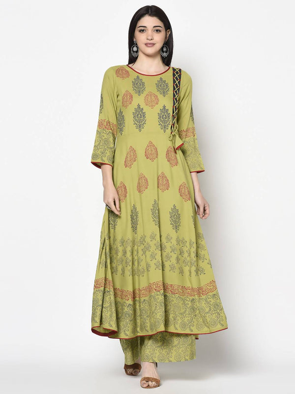 Women's Parrot Green Rayon Block print Anarkali Palazzo set - Aniyah