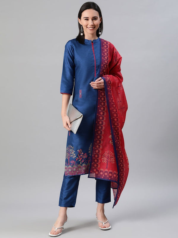 Women's Blue Color Foil Print Straight Kurta,Pant And Dupatta Set - Ziyaa