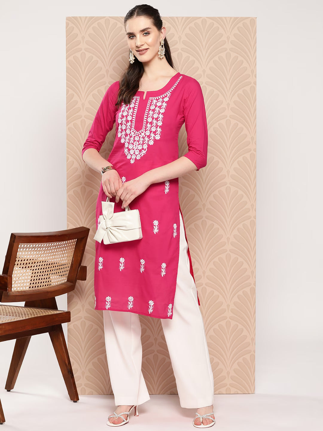 Hot Pink Floral Embroidered Pure Cotton Kurta-Indiakreations-JS1497KURHPS