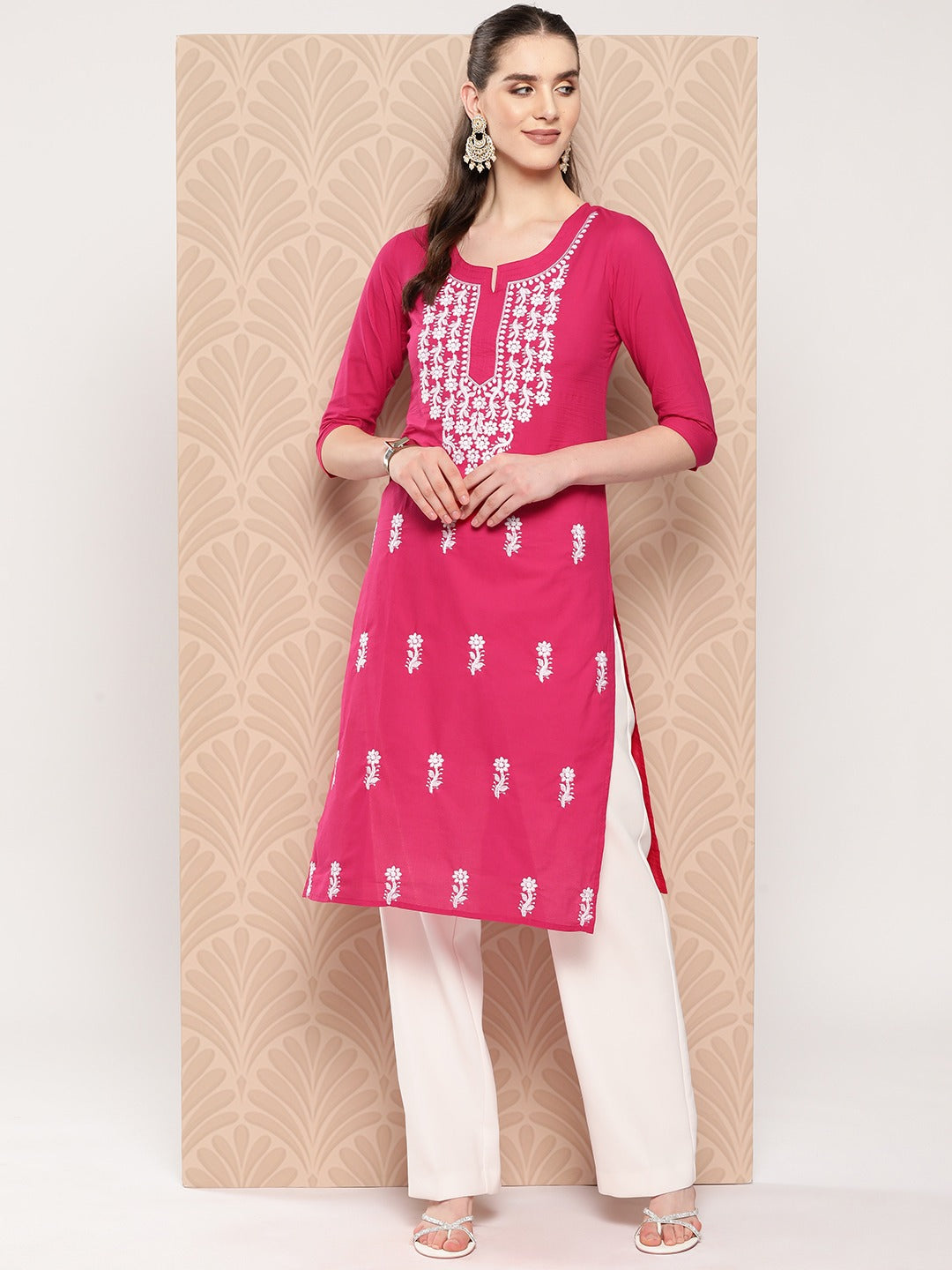 Hot Pink Floral Embroidered Pure Cotton Kurta-Indiakreations-JS1497KURHPS