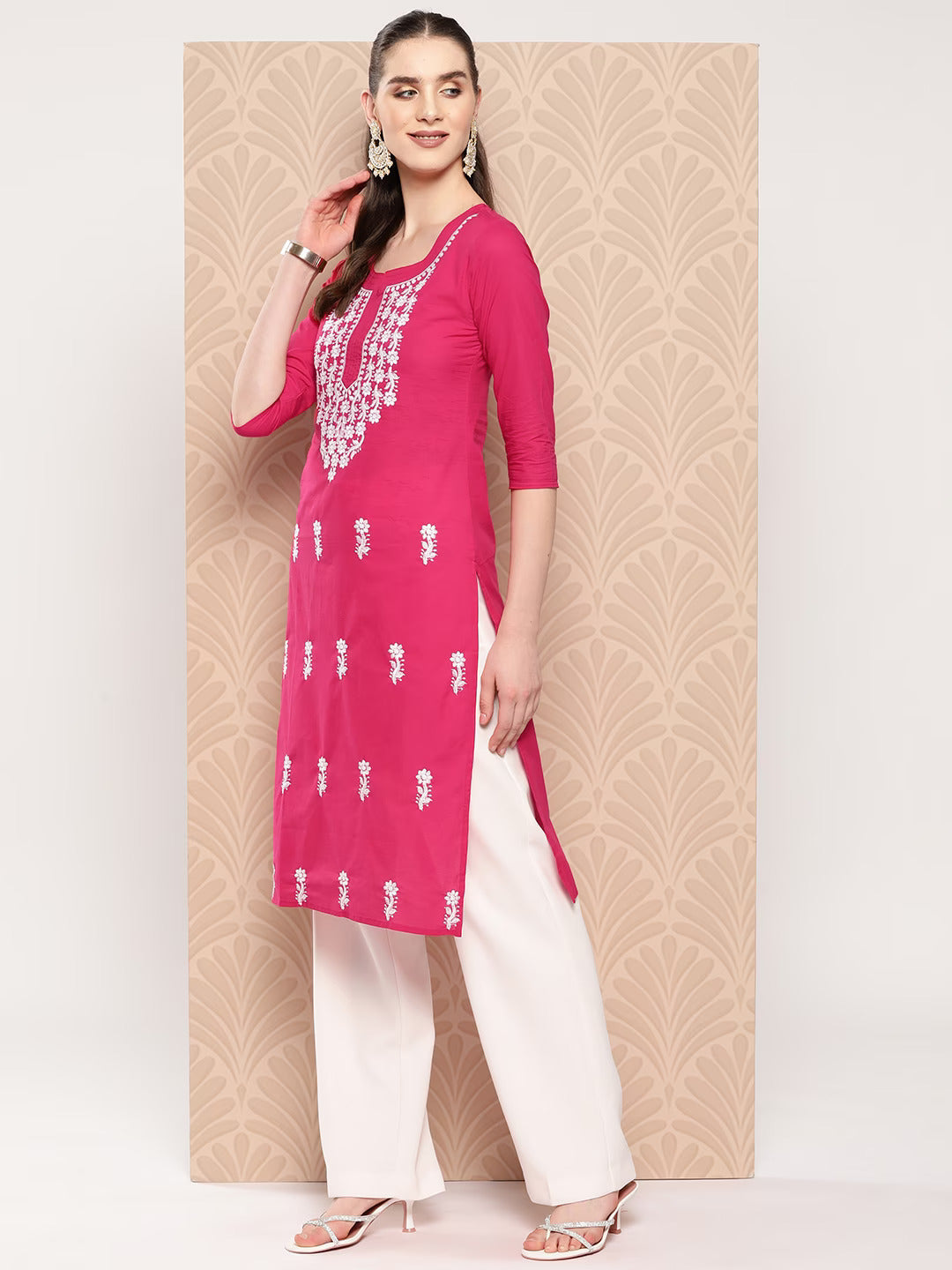 Hot Pink Floral Embroidered Pure Cotton Kurta-Indiakreations-JS1497KURHPS