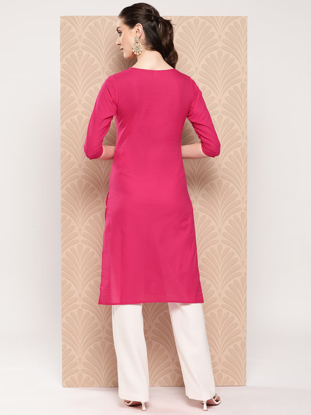 Hot Pink Floral Embroidered Pure Cotton Kurta-Indiakreations-JS1497KURHPS