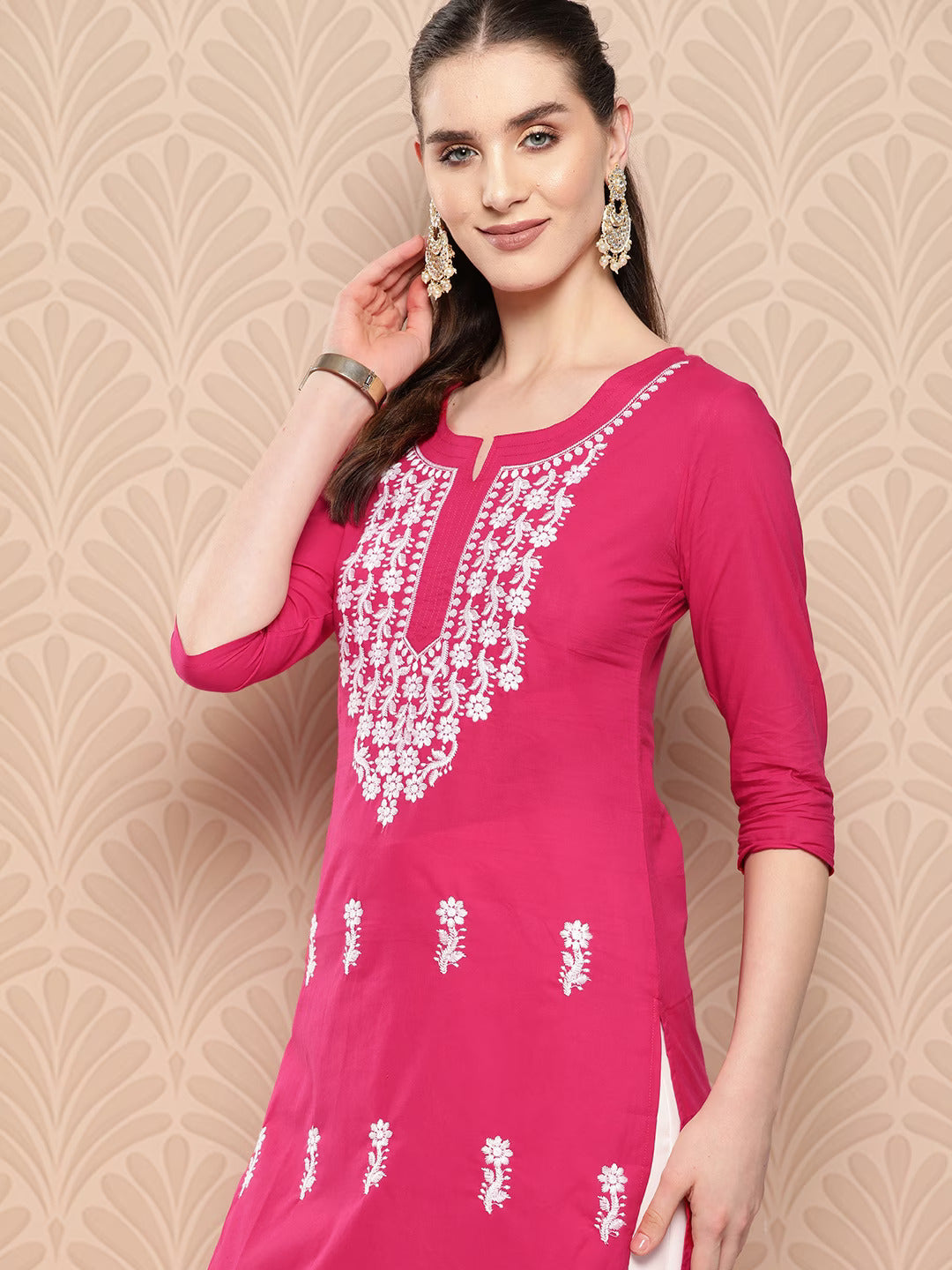 Hot Pink Floral Embroidered Pure Cotton Kurta-Indiakreations-JS1497KURHPS