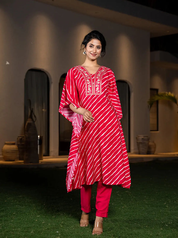 Hot Pink Leheriya Embroidered Kaftan Kurta Set-Indiakreations-JS6899SETHPS