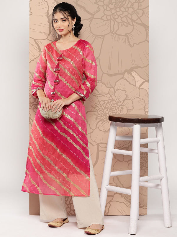 Hot Pink Women Leheriya Cotton lining Striped Kurta-Indiakreations-JS9961KURHPS