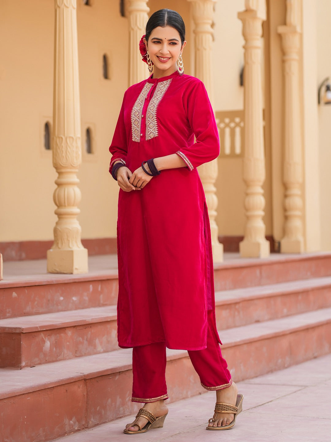 Hot pink Zari_Work Velvet Straight Kurta Trouser Set