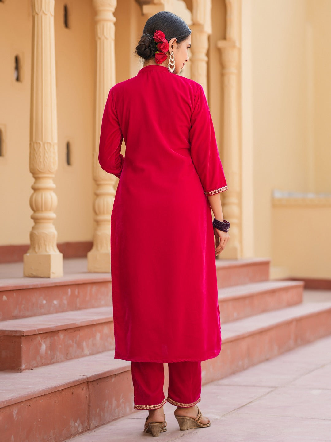 Hot pink Zari_Work Velvet Straight Kurta Trouser Set