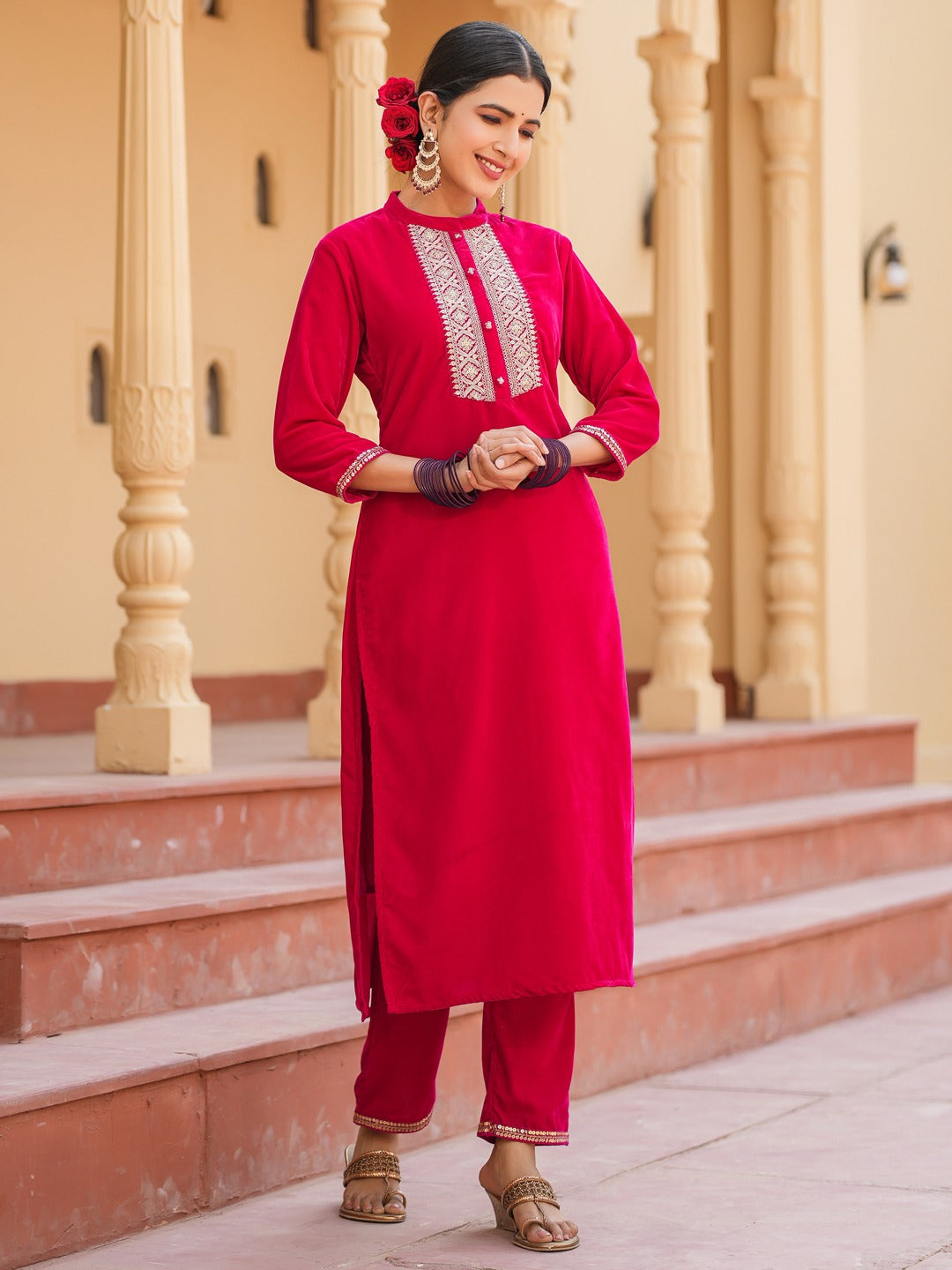 Hot pink Zari_Work Velvet Straight Kurta Trouser Set