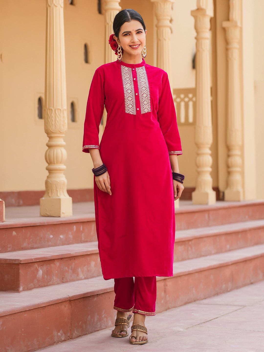 Hot pink Zari_Work Velvet Straight Kurta Trouser Set