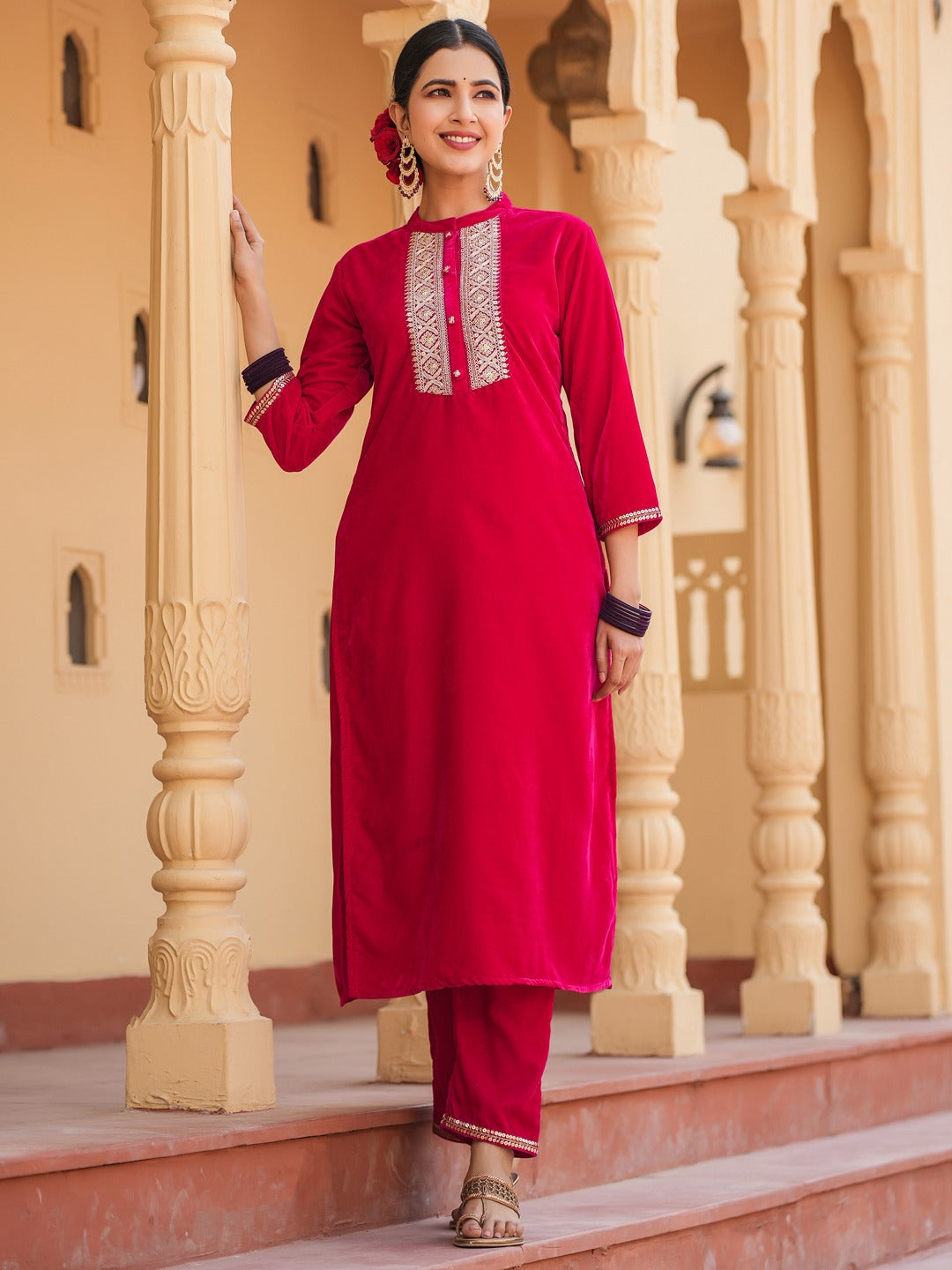 Hot pink Zari_Work Velvet Straight Kurta Trouser Set