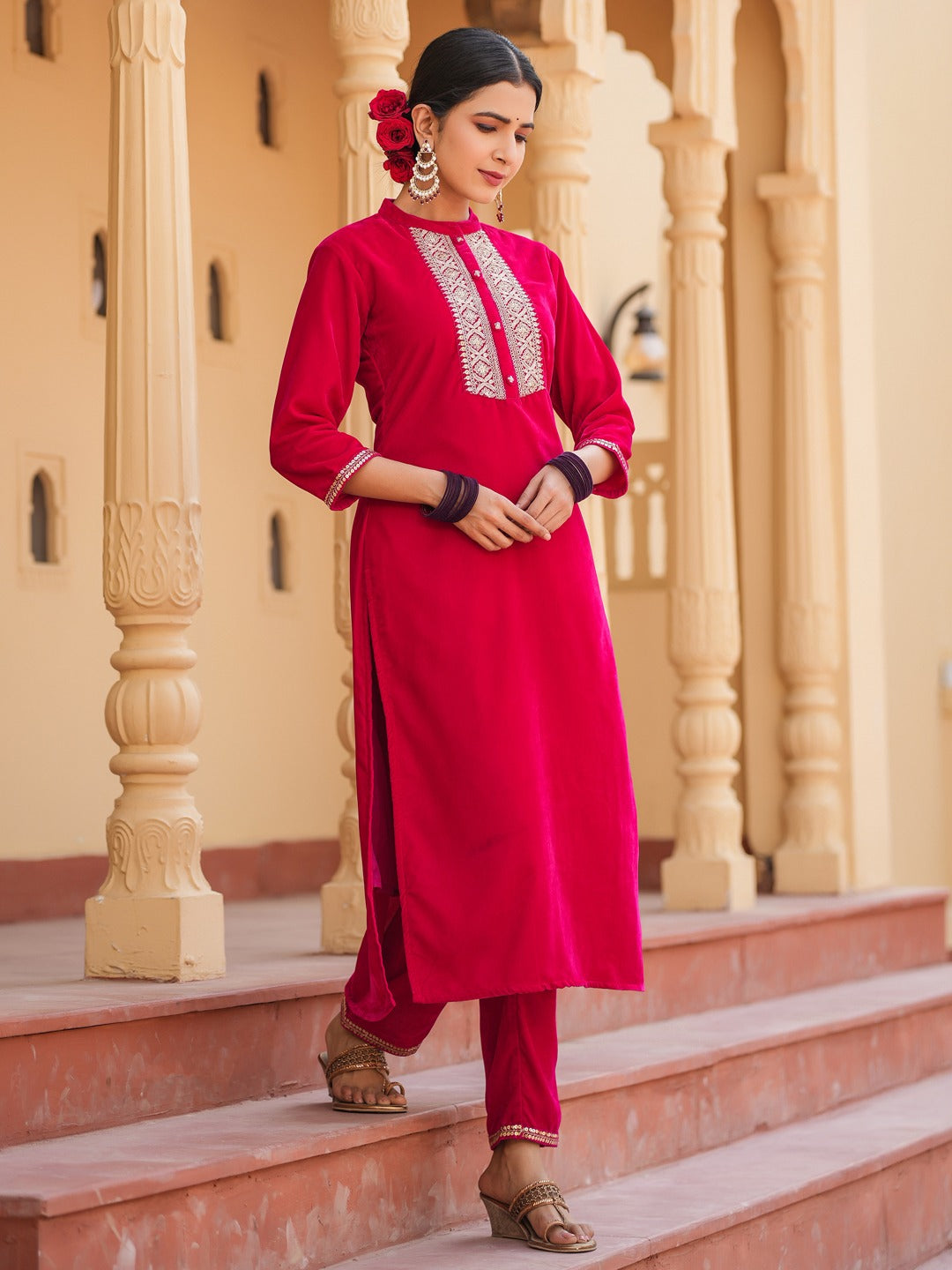 Hot pink Zari_Work Velvet Straight Kurta Trouser Set