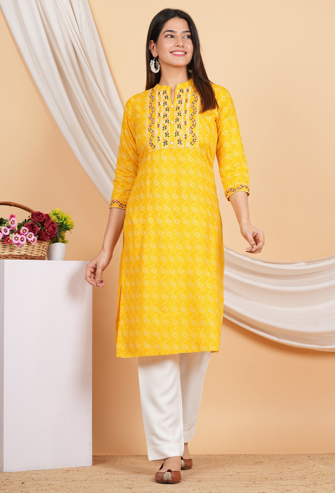 Women's Yellow Rayon Yoke Embroidered Kurta & Pant Set - House Of Rp