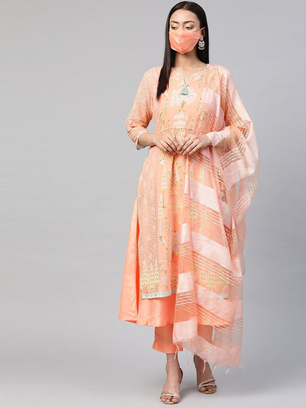 Women's Orange Printed Layered Kurta Pant & Dupatta Set with Mask - Juniper