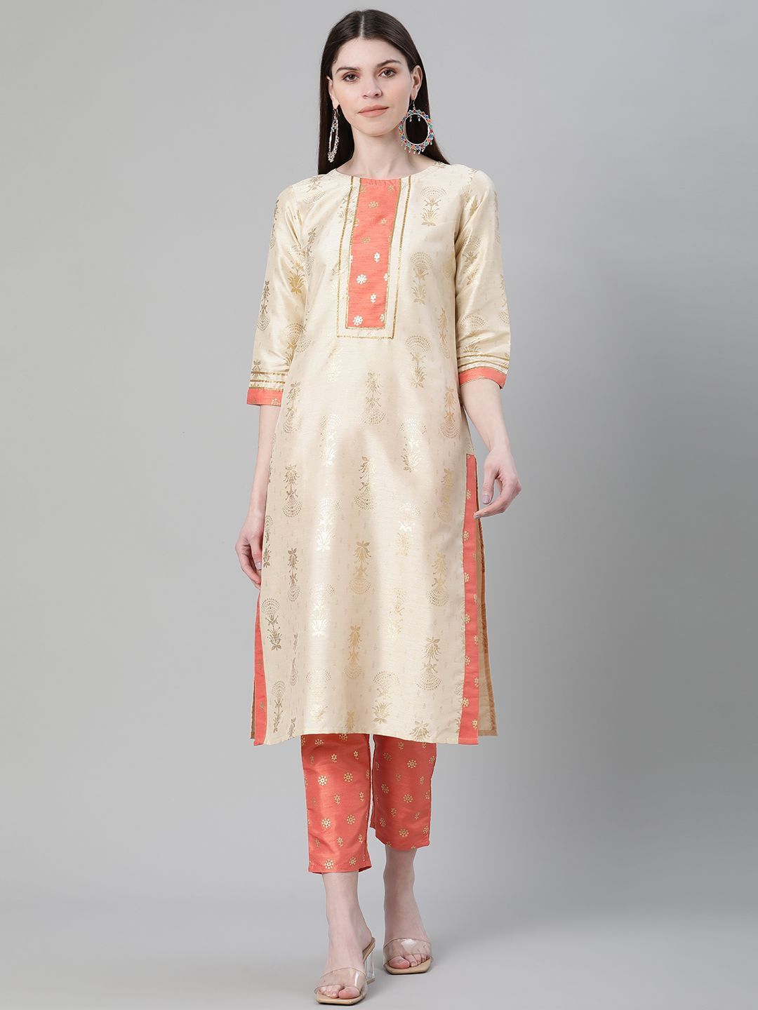 Women Silk Beige Kurta and Pant Set by Ziyaa (2 Pc Set)