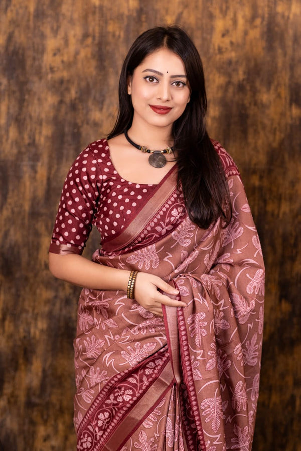 Women's Pink Cotton Crepe Printed Saree - A2M