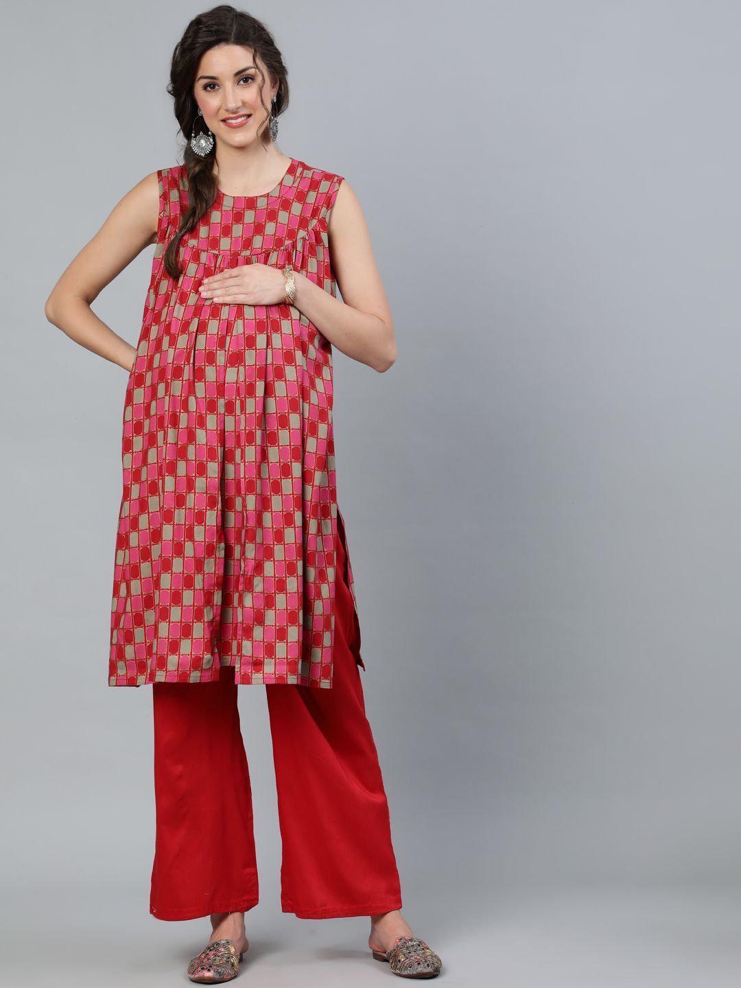 Women's Red Gold Printed Maternity Tunic - AKS