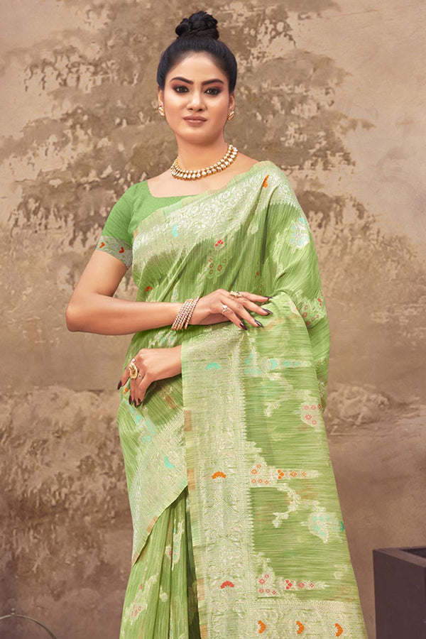 Women's Light Green Cotton Silk Woven Zari Work Traditional Saree - Sangam Prints