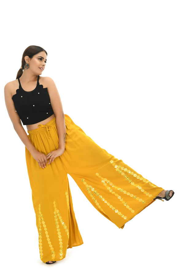 Women's Yellow Viscose Rayon Flared Palazzo With Mirror Work Mfp052 - Moeza