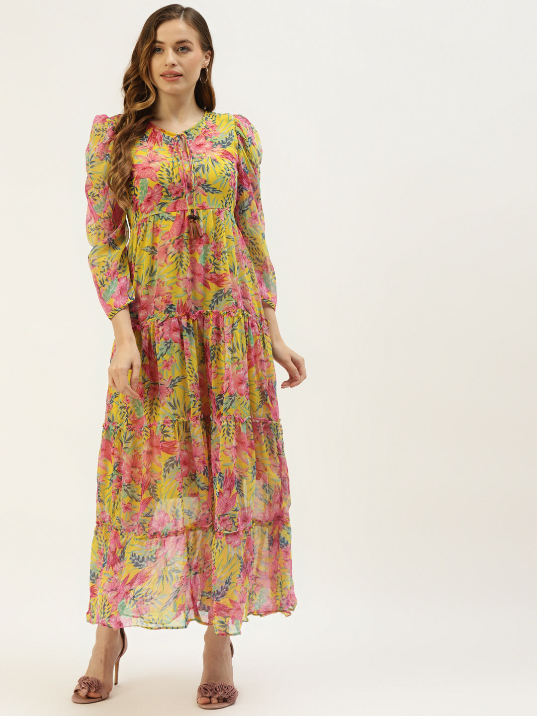 Women's Yellow Color Chiffon Printed A-Line  Straight Flared Dress  - Vaaba