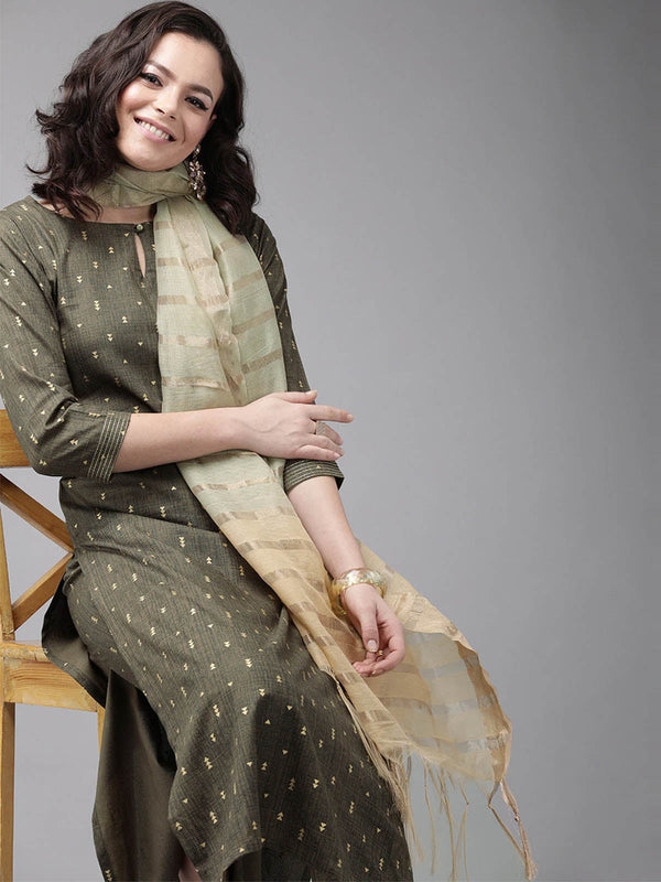 Women's Olive Solid Straight Kurta With Palazzo Sets - Odette