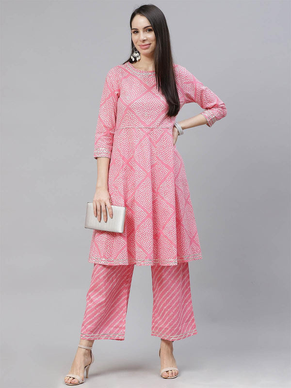 Women's Pink Printed Kurta Palazzo Dupatta Set - Odette