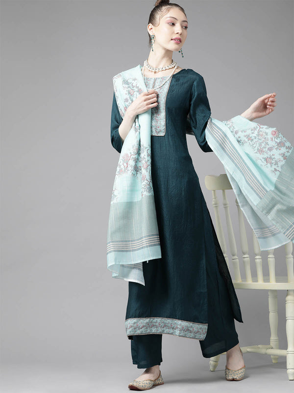 Women's Green Solid Straight Kurta Palazzo Dupatta Set - Odette