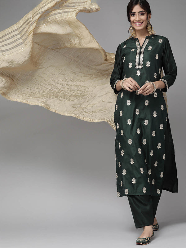 Women's Dark Green Embroidered Straight Kurta Palazzo Dupatta - Odette