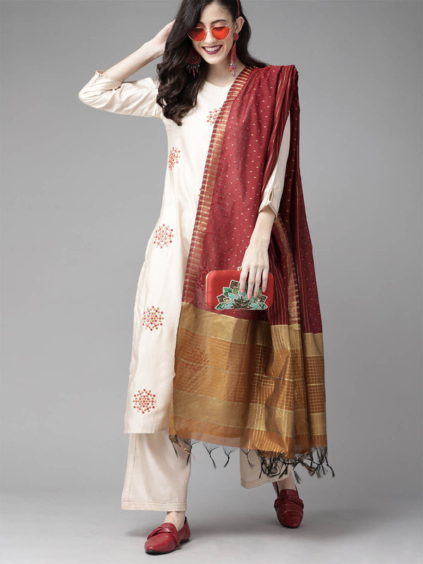 Women's White Embroidered Straight Kurta Trouser Dupatta - Odette