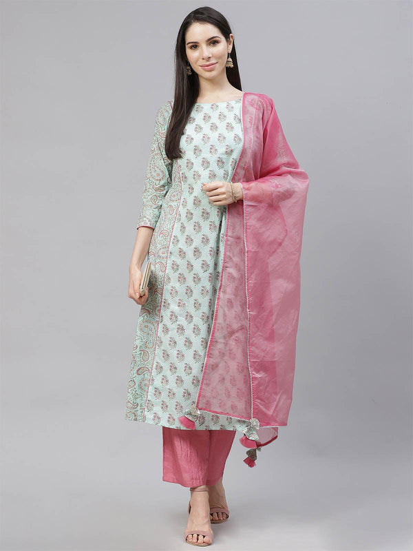 Women's Sea Green A-Line Trouser And Dupatta Set - Odette