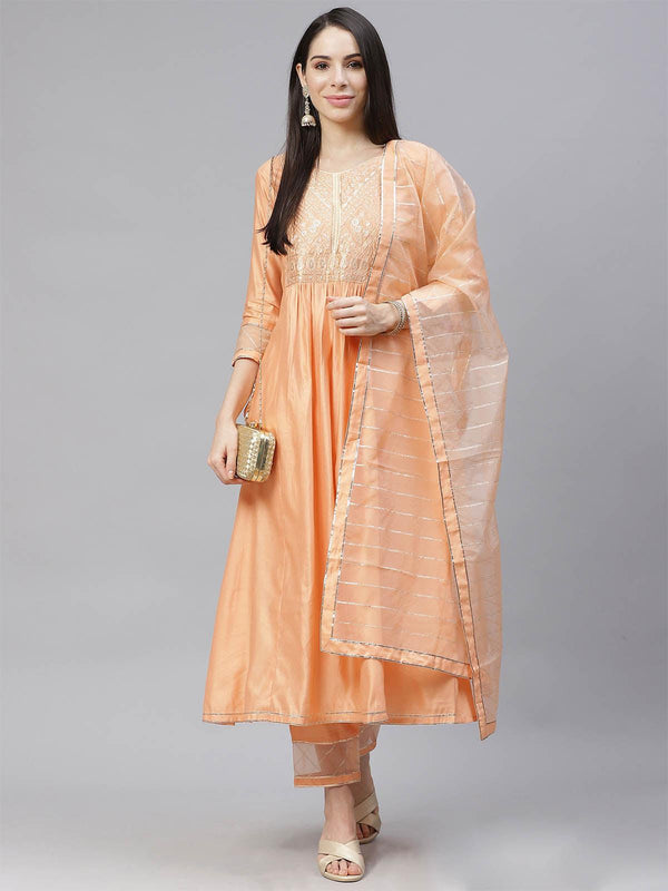 Women's Peach Embroiderd Kurta Trouser Duppatta Set - Odette