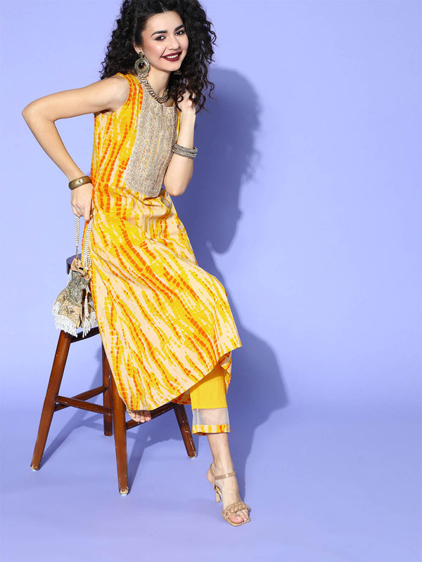 Women's Yellow Tie & Dye A-Line Kurta Trouser Set - Odette