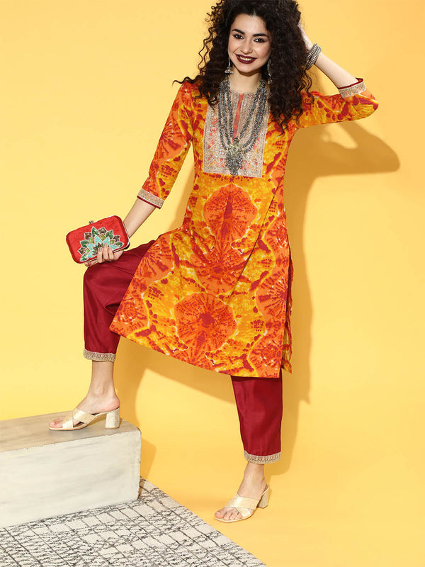 Women's Yellow Tie & Dye Straight Kurta Harem Pants Set - Odette