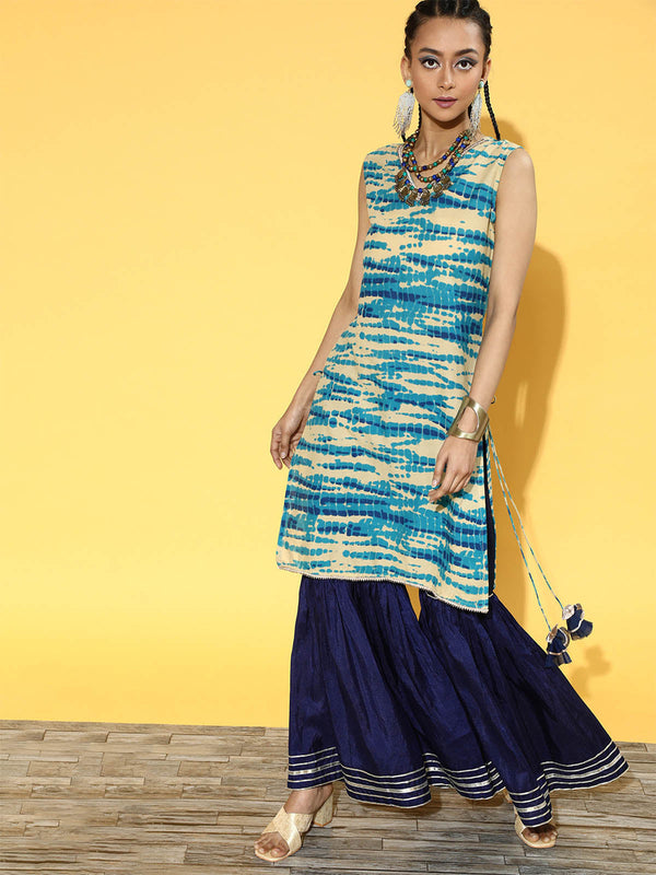 Women's Blue Tie & Dye Straight Kurta Sharara Set - Odette