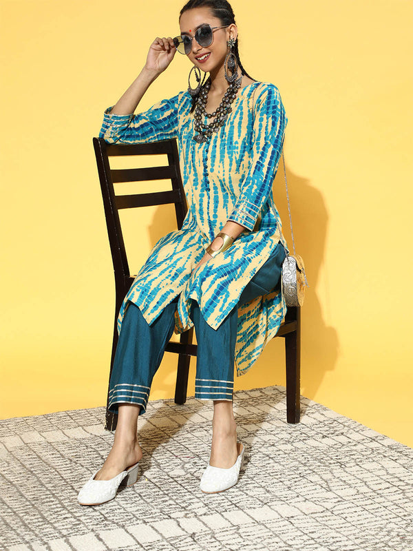 Women's Blue Tie & Dye Straight Kurta Palazzo Set - Odette