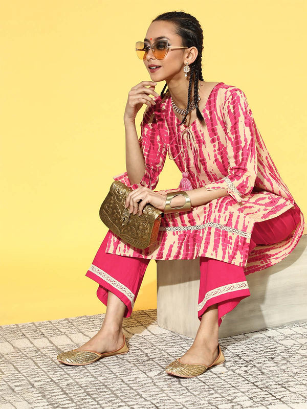 Women's Pink Tie & Dye Straight Kurta Palazzo Set - Odette