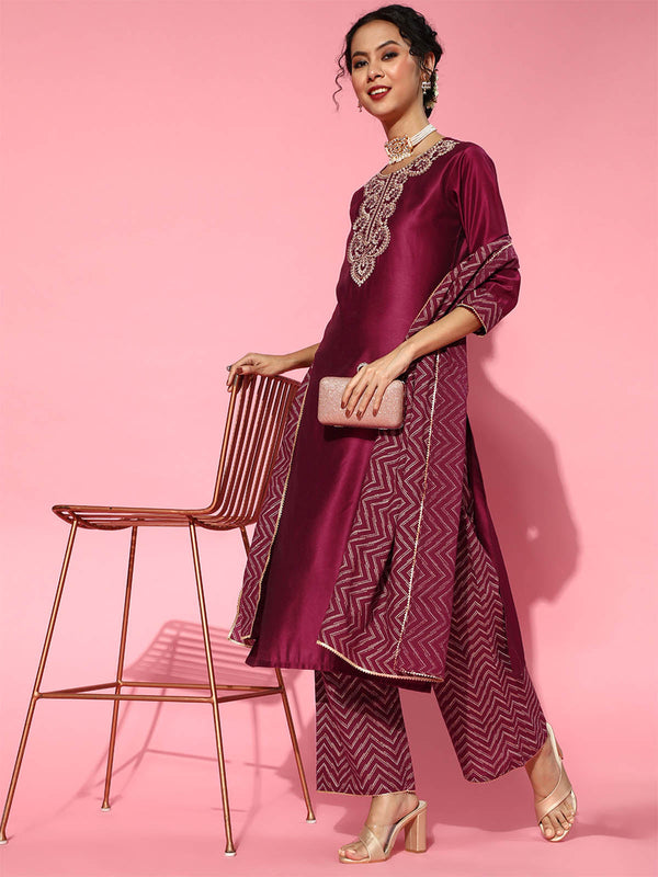 Women's Women's Maroon Yoke Embroidered Kurta Set - Odette