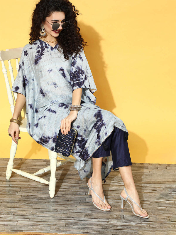 Women's Blue Tie & Dye A-Line Kurta Trouser Set - Odette