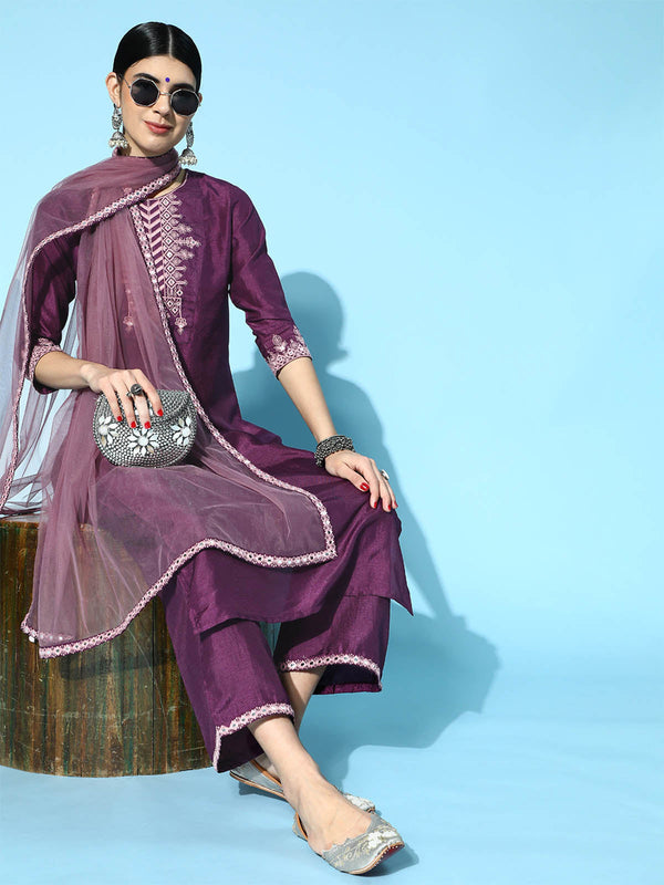 Women's Voilet Embroidered Straight Kurta Trouser Set - Odette