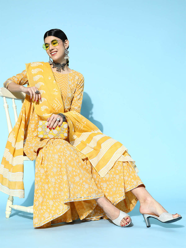 Women's Yellow Printed A-line Kurta Sharara With Dupatta Set - Odette