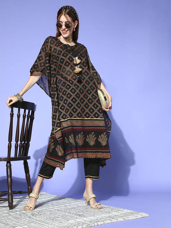 Women's Black Foil Printed A-line Kurta With Palazzo Set - Odette