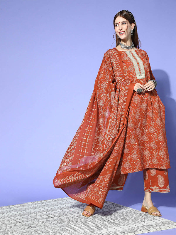 Women's Brown Printed Straight Kurta Palazzo Dupatta Set - Odette